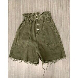 Zara women's green high rise paper bag twill shorts US Size 0 button fly